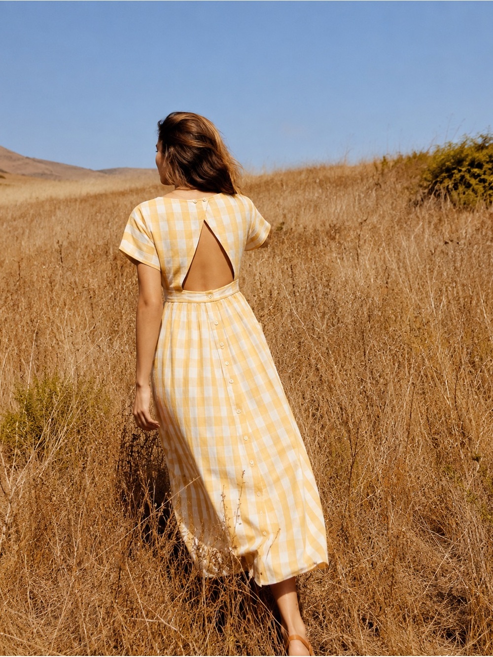 Christy Dawn Jane Dress in Lemon Plaid Size Large Yellow Gingham Check Open Back
